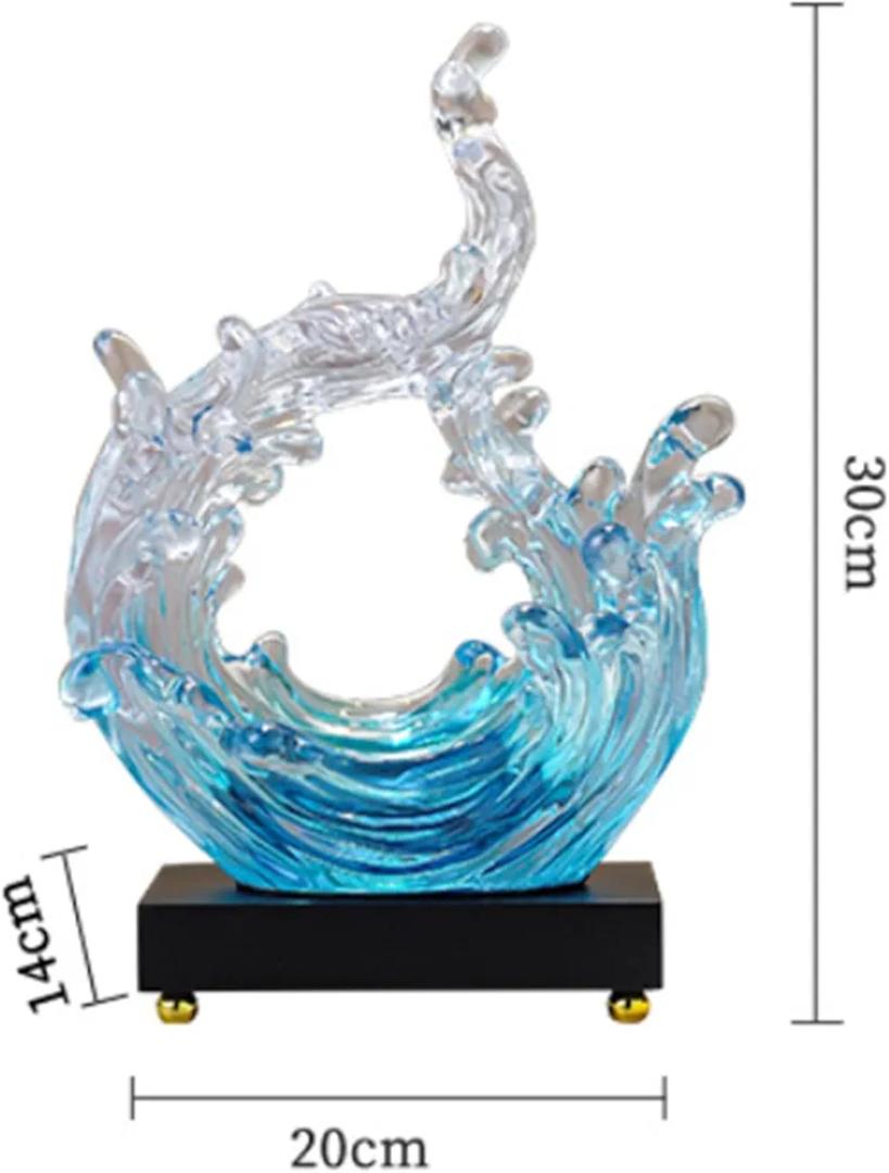 Luxury Crystal Glass Ocean Wave Sculpture – Modern Artistic Blue & Clear Water Splash Desktop Ornament, Elegant Resonant Resin Home Decor Figurine with Premium Black and Gold Base (20cm x 14cm x 30cm)