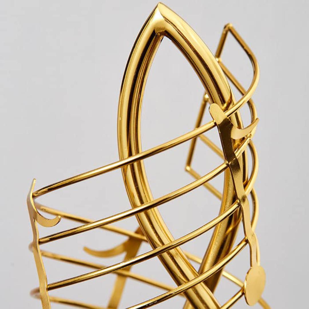 Golden Musical Harmony Sculpture - Treble Clef Armillary Sphere with Notes, Elegant Black Base Modern Art Decor