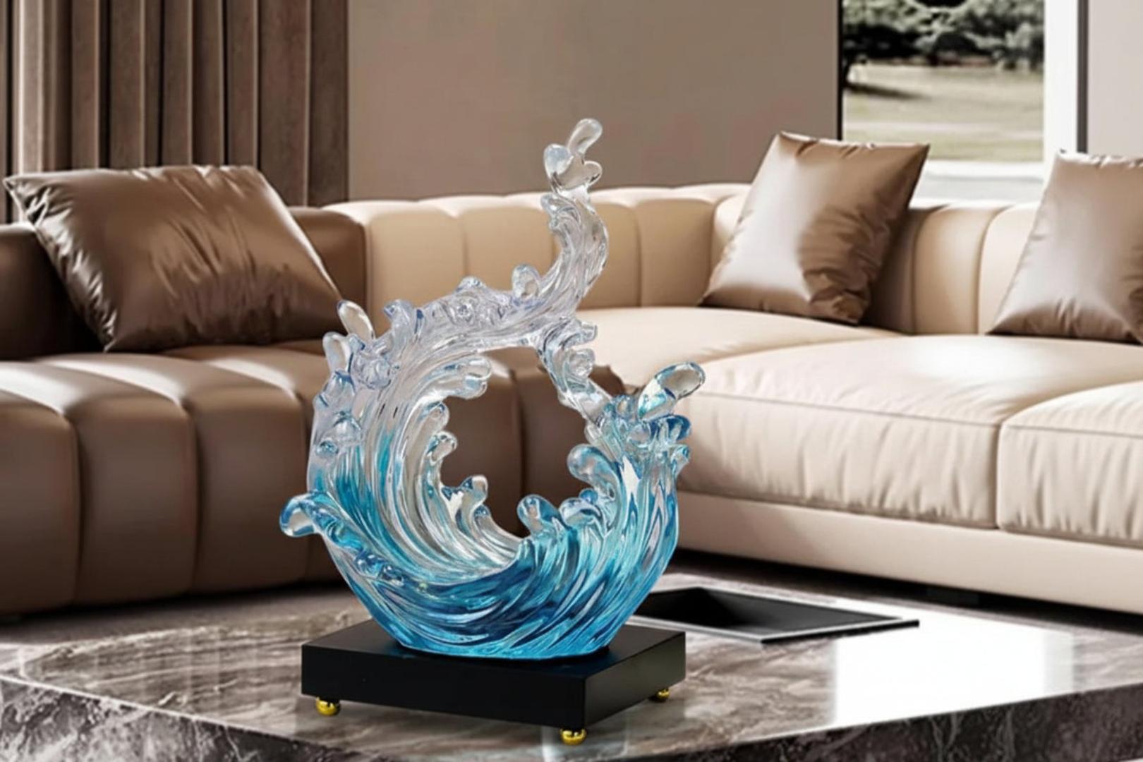 Luxury Crystal Glass Ocean Wave Sculpture – Modern Artistic Blue & Clear Water Splash Desktop Ornament, Elegant Resonant Resin Home Decor Figurine with Premium Black and Gold Base (20cm x 14cm x 30cm)