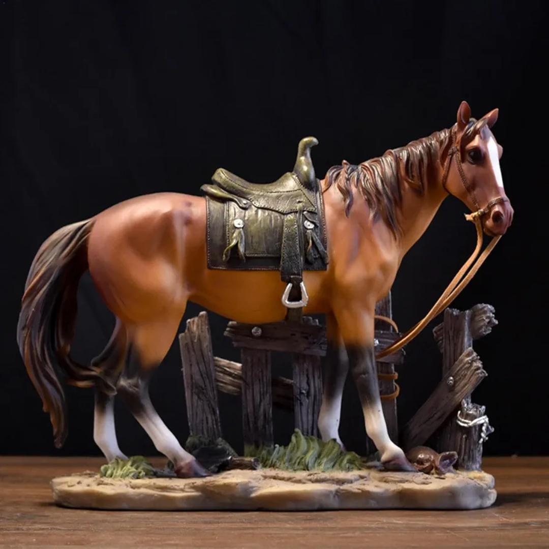Rustic Western Horse Figurine with Fence Accent, Realistic Equestrian Stallion Statue with Saddle, Country Farmhouse Resin Sculpture for Living Room Shelf, Mantel, and Office Desktop Decor