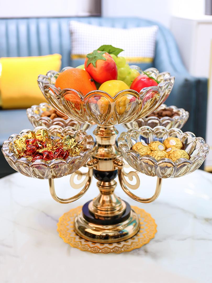 Luxury 5-Tier Crystal Glass Fruit Bowl & Candy Stand | Premium European-Style Rotating Centerpiece | Elegant Gold Electroplated Candelabra Serving Tray for Living Room, Luxury Events, & Home decor