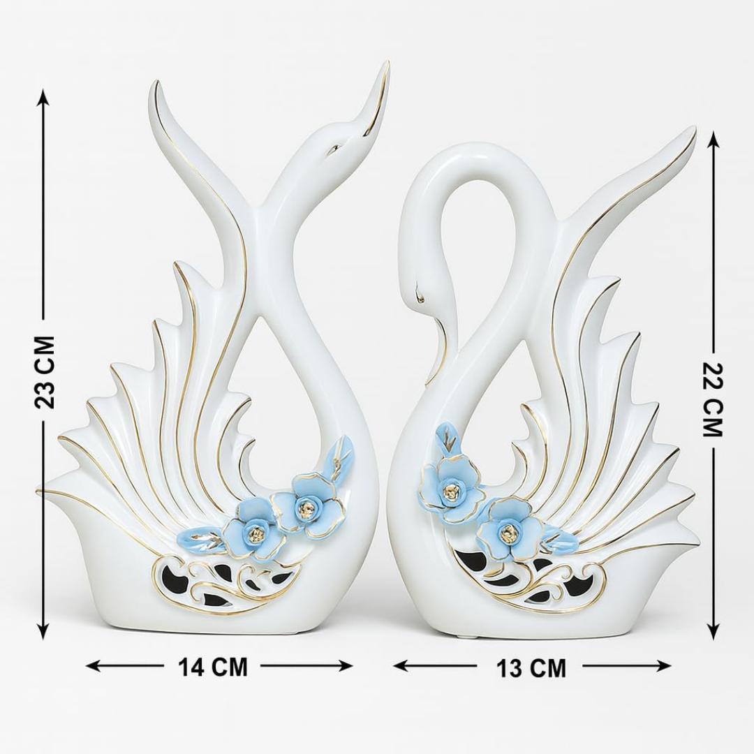 Elegant Ceramic Swan Couple Figurines Set, Luxury White and Gold Porcelain Bird Sculptures with Floral Accents, Romantic Wedding Gift and Sophisticated Home Decor Accents for Living Room