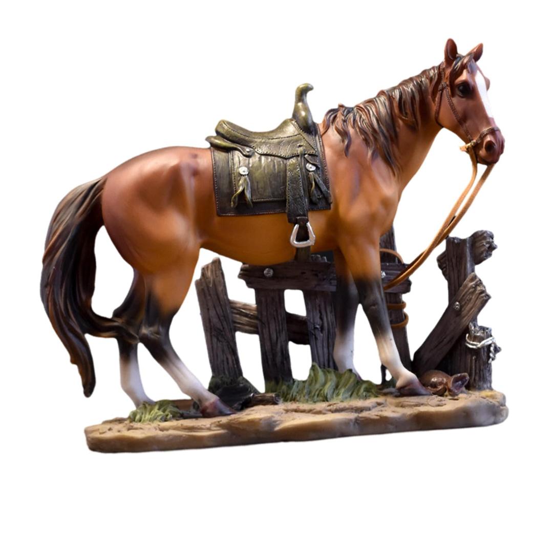 Rustic Western Horse Figurine with Fence Accent, Realistic Equestrian Stallion Statue with Saddle, Country Farmhouse Resin Sculpture for Living Room Shelf, Mantel, and Office Desktop Decor
