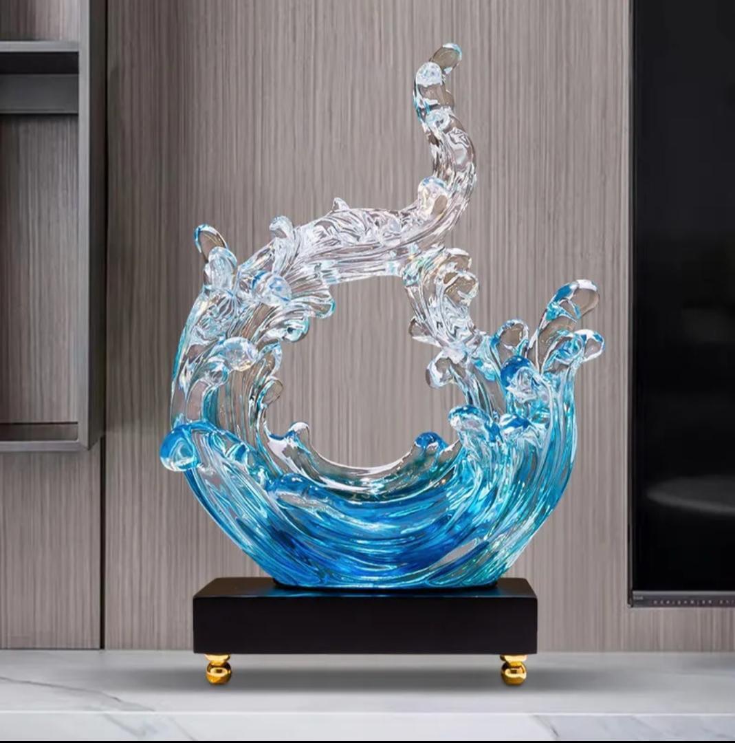 Luxury Crystal Glass Ocean Wave Sculpture – Modern Artistic Blue & Clear Water Splash Desktop Ornament, Elegant Resonant Resin Home Decor Figurine with Premium Black and Gold Base (20cm x 14cm x 30cm)
