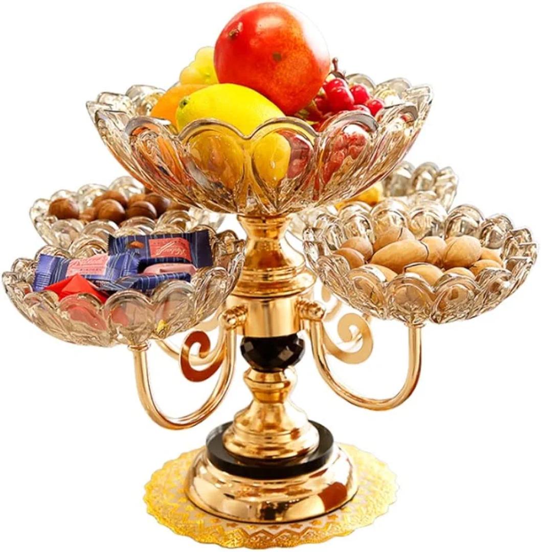 Luxury 5-Tier Crystal Glass Fruit Bowl & Candy Stand | Premium European-Style Rotating Centerpiece | Elegant Gold Electroplated Candelabra Serving Tray for Living Room, Luxury Events, & Home decor