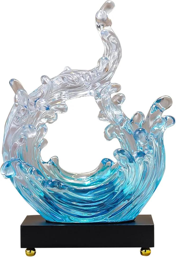 Luxury Crystal Glass Ocean Wave Sculpture – Modern Artistic Blue & Clear Water Splash Desktop Ornament, Elegant Resonant Resin Home Decor Figurine with Premium Black and Gold Base (20cm x 14cm x 30cm)