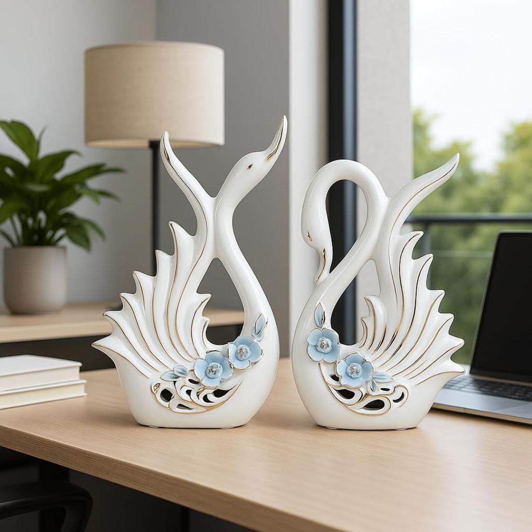 Elegant Ceramic Swan Couple Figurines Set, Luxury White and Gold Porcelain Bird Sculptures with Floral Accents, Romantic Wedding Gift and Sophisticated Home Decor Accents for Living Room