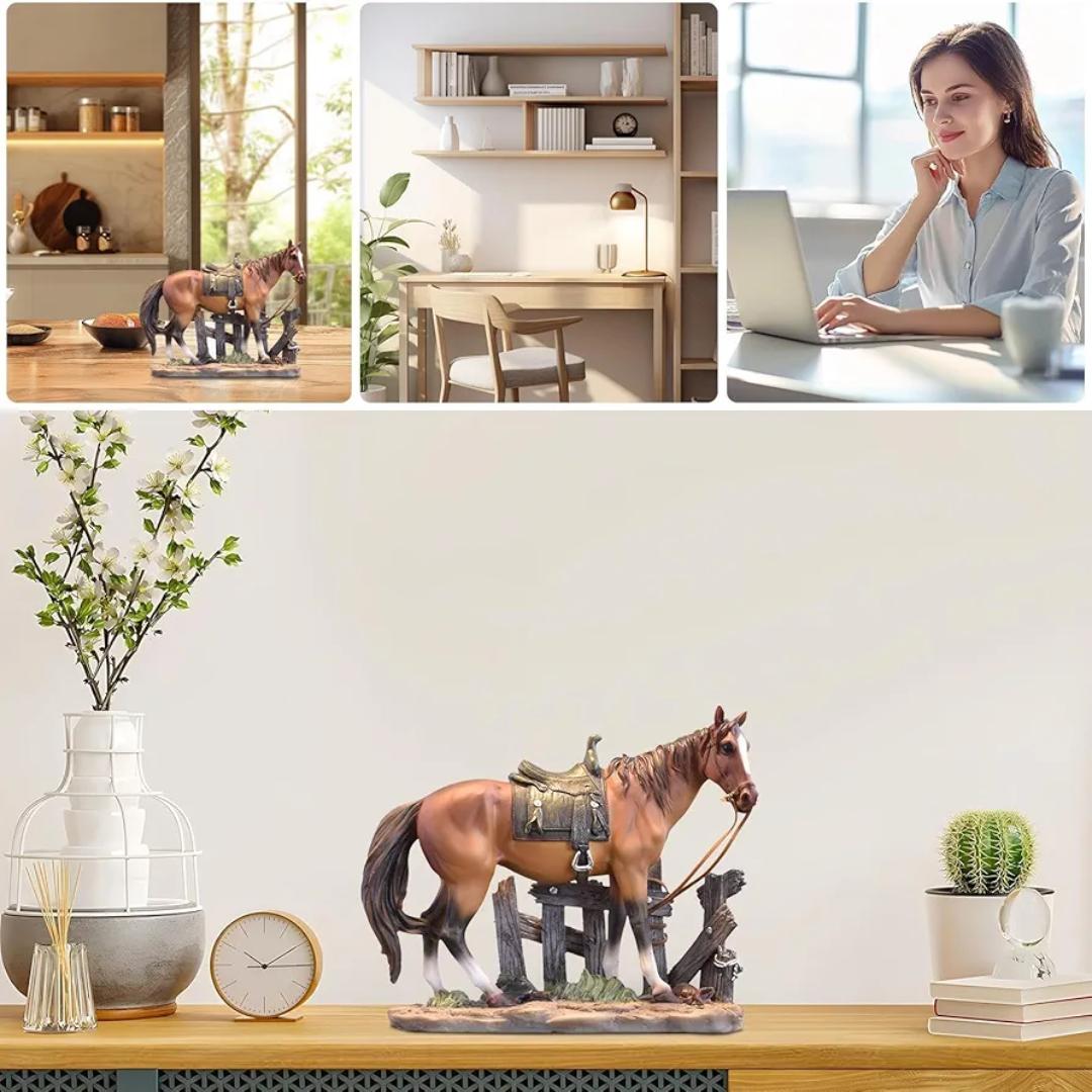 Rustic Western Horse Figurine with Fence Accent, Realistic Equestrian Stallion Statue with Saddle, Country Farmhouse Resin Sculpture for Living Room Shelf, Mantel, and Office Desktop Decor