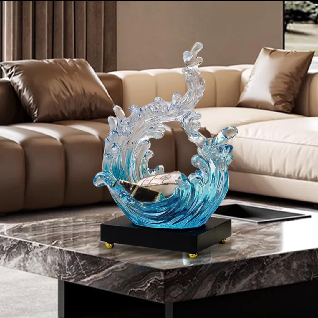 Luxury Crystal Glass Ocean Wave Sculpture – Modern Artistic Blue & Clear Water Splash Desktop Ornament, Elegant Resonant Resin Home Decor Figurine with Premium Black and Gold Base (20cm x 14cm x 30cm)