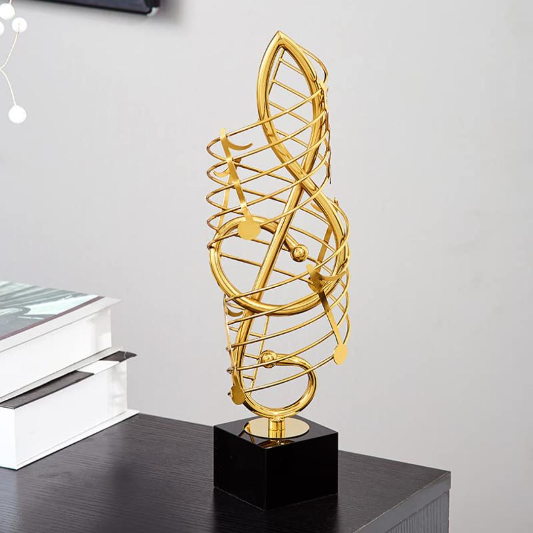 Golden Musical Harmony Sculpture - Treble Clef Armillary Sphere with Notes, Elegant Black Base Modern Art Decor