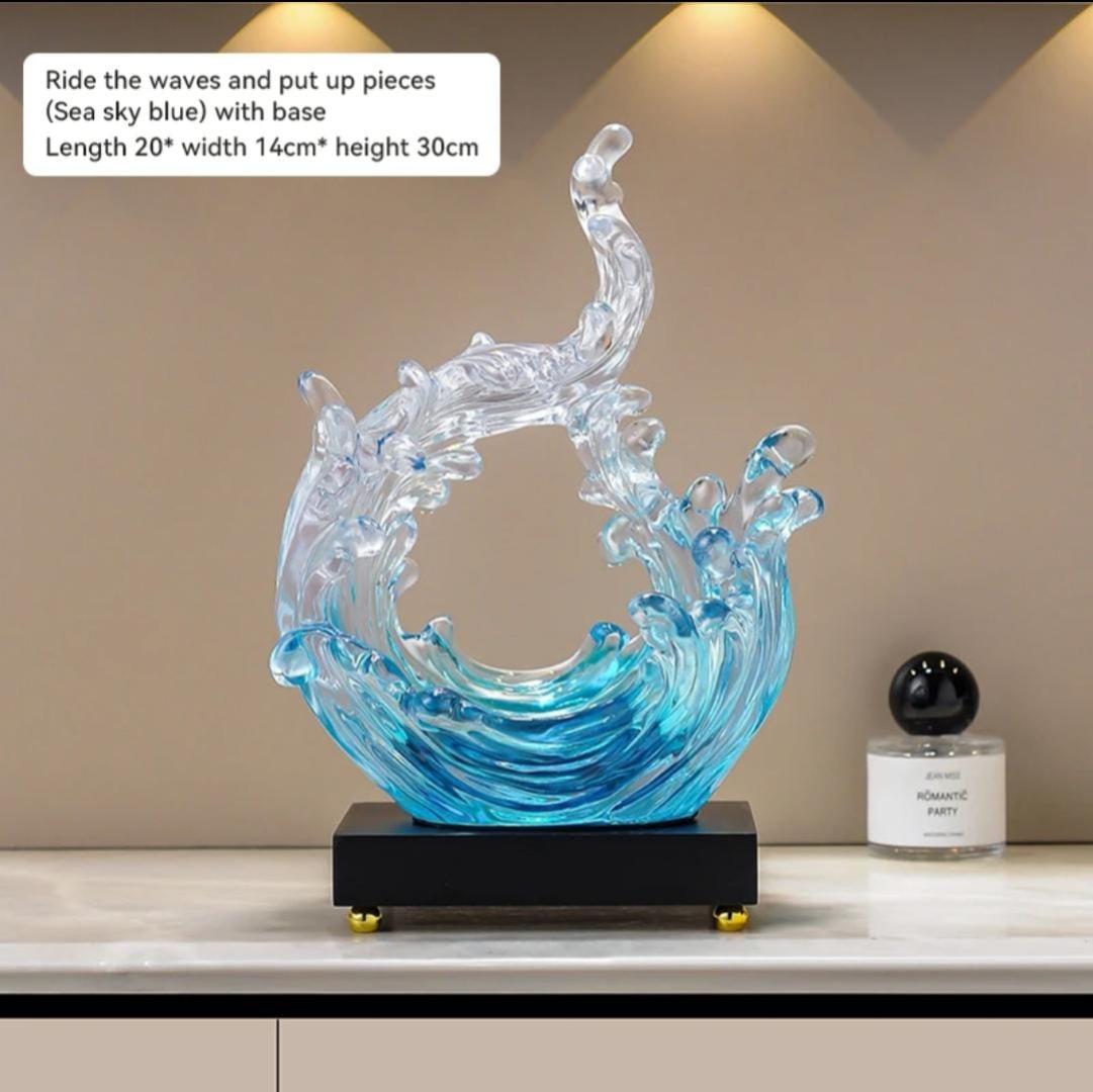 Luxury Crystal Glass Ocean Wave Sculpture – Modern Artistic Blue & Clear Water Splash Desktop Ornament, Elegant Resonant Resin Home Decor Figurine with Premium Black and Gold Base (20cm x 14cm x 30cm)