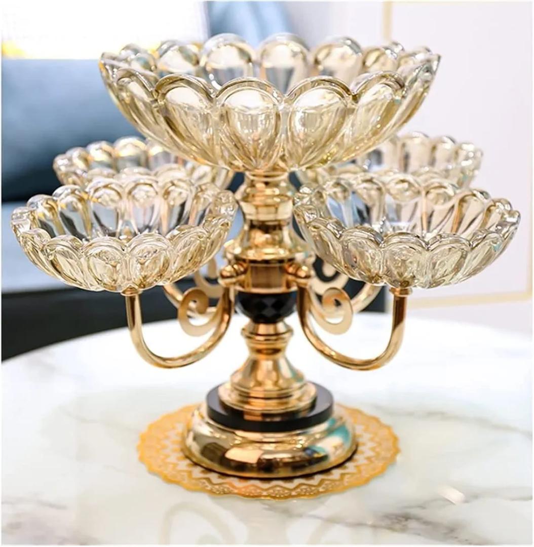 Luxury 5-Tier Crystal Glass Fruit Bowl & Candy Stand | Premium European-Style Rotating Centerpiece | Elegant Gold Electroplated Candelabra Serving Tray for Living Room, Luxury Events, & Home decor