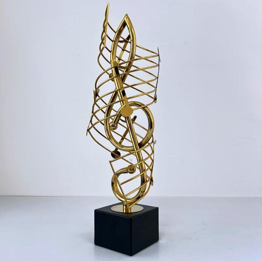 Golden Musical Harmony Sculpture - Treble Clef Armillary Sphere with Notes, Elegant Black Base Modern Art Decor