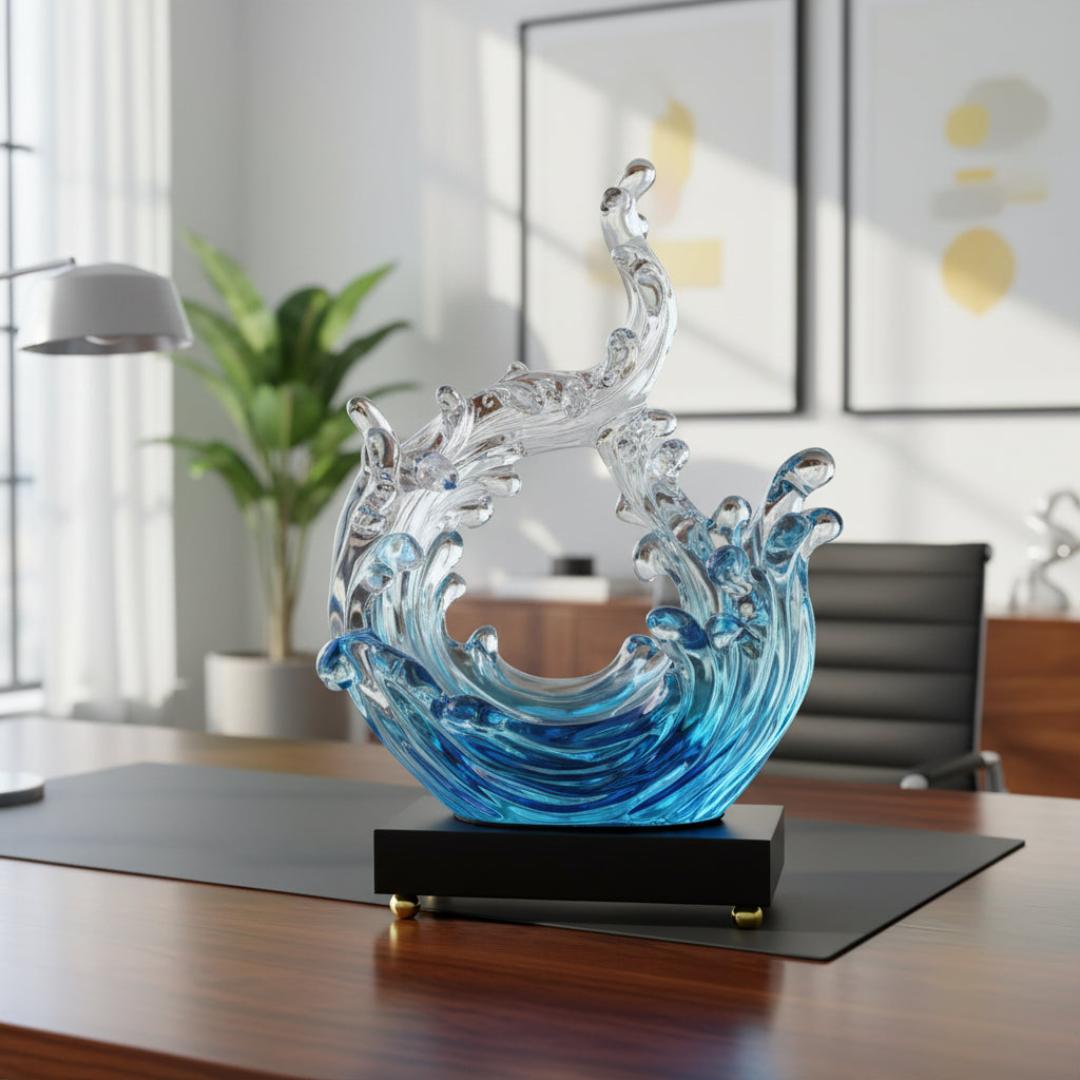 Luxury Crystal Glass Ocean Wave Sculpture – Modern Artistic Blue & Clear Water Splash Desktop Ornament, Elegant Resonant Resin Home Decor Figurine with Premium Black and Gold Base (20cm x 14cm x 30cm)
