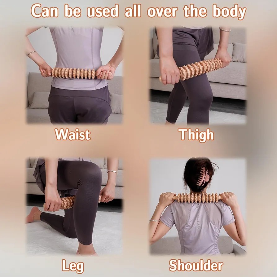 Curved Wooden Massage Roller Stick – Lymphatic Drainage Wood Therapy Tool, Maderoterapia Anti-Cellulite Body Sculpting Massager for Relaxation, Muscle Relief & Body Contouring