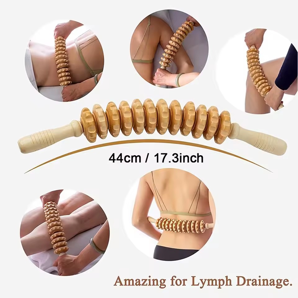 Curved Wooden Massage Roller Stick – Lymphatic Drainage Wood Therapy Tool, Maderoterapia Anti-Cellulite Body Sculpting Massager for Relaxation, Muscle Relief & Body Contouring
