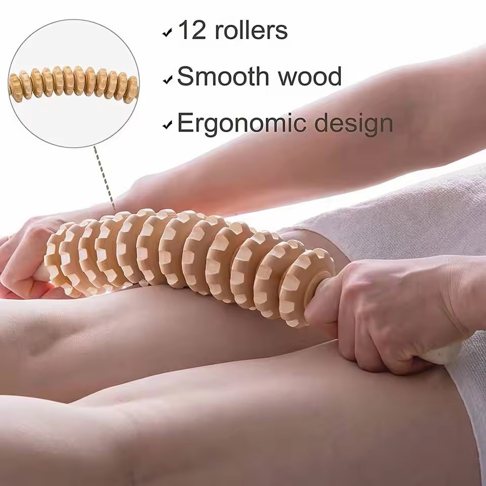 Curved Wooden Massage Roller Stick – Lymphatic Drainage Wood Therapy Tool, Maderoterapia Anti-Cellulite Body Sculpting Massager for Relaxation, Muscle Relief & Body Contouring