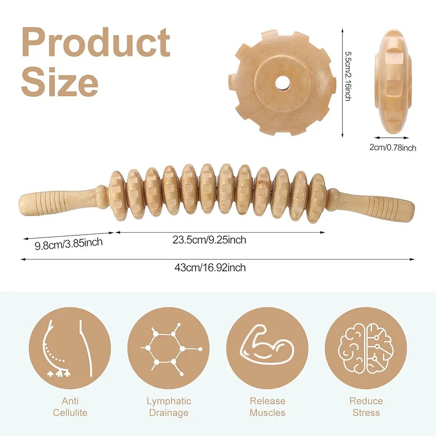 Curved Wooden Massage Roller Stick – Lymphatic Drainage Wood Therapy Tool, Maderoterapia Anti-Cellulite Body Sculpting Massager for Relaxation, Muscle Relief & Body Contouring