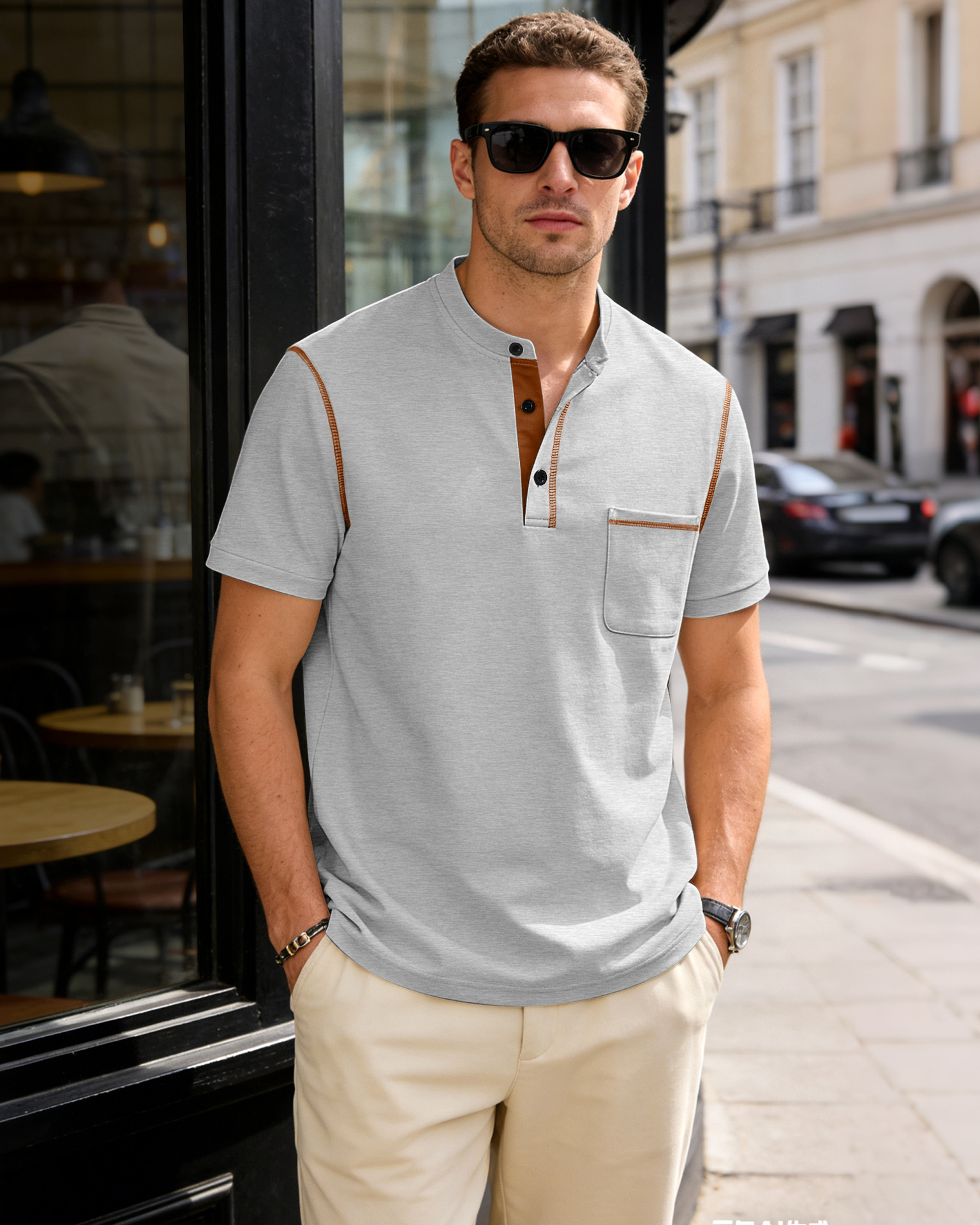 Men's Clothing Tops T-Shirts Men's Henley Collar Small Twill Short-Sleeved Quick-Dry Breathable Loose Casual American Style Slightly Elastic T-Shirt