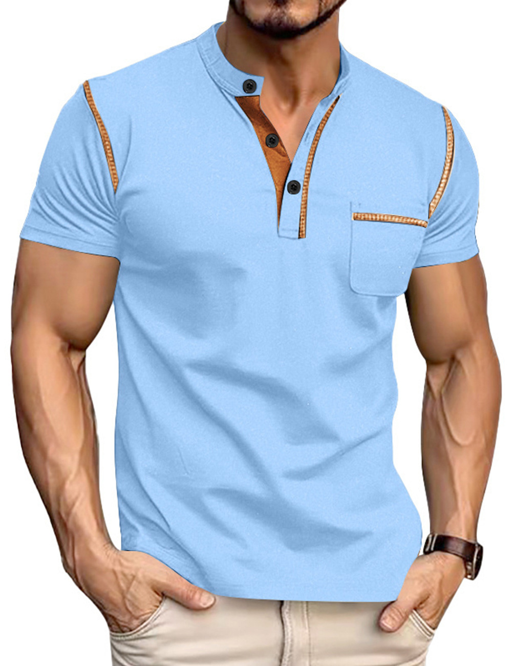 Men's Clothing Tops T-Shirts Men's Henley Collar Small Twill Short-Sleeved Quick-Dry Breathable Loose Casual American Style Slightly Elastic T-Shirt