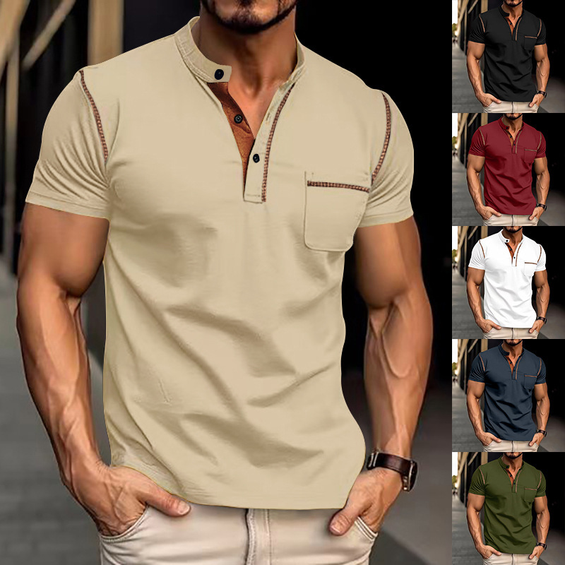 Men's Clothing Tops T-Shirts Men's Henley Collar Small Twill Short-Sleeved Quick-Dry Breathable Loose Casual American Style Slightly Elastic T-Shirt