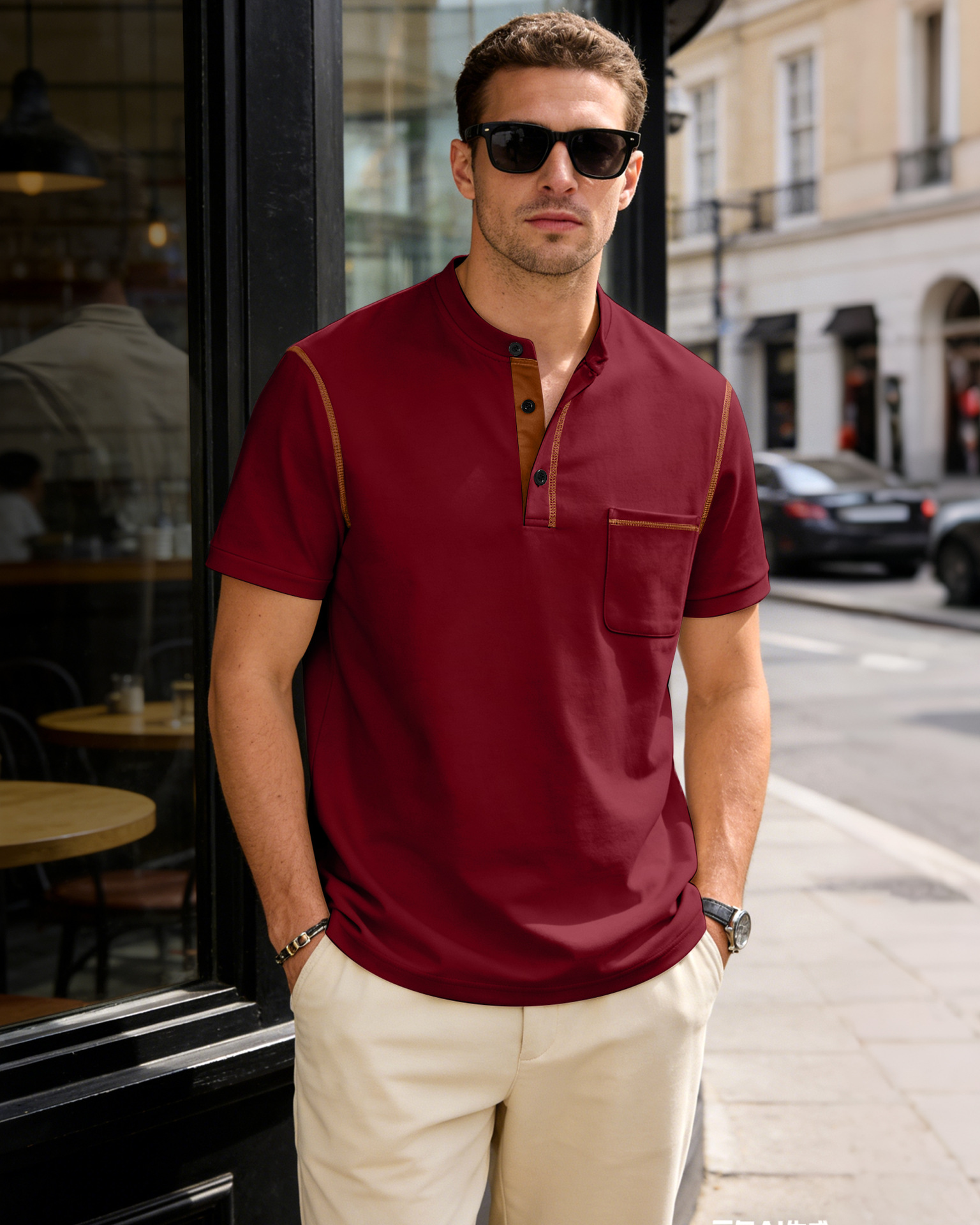 Men's Clothing Tops T-Shirts Men's Henley Collar Small Twill Short-Sleeved Quick-Dry Breathable Loose Casual American Style Slightly Elastic T-Shirt