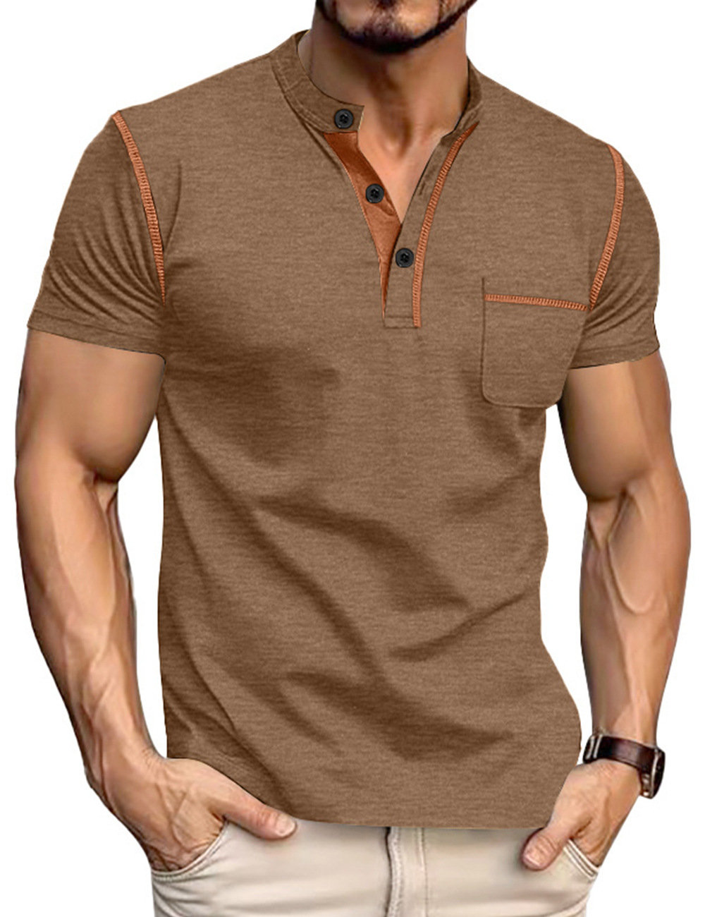 Men's Clothing Tops T-Shirts Men's Henley Collar Small Twill Short-Sleeved Quick-Dry Breathable Loose Casual American Style Slightly Elastic T-Shirt