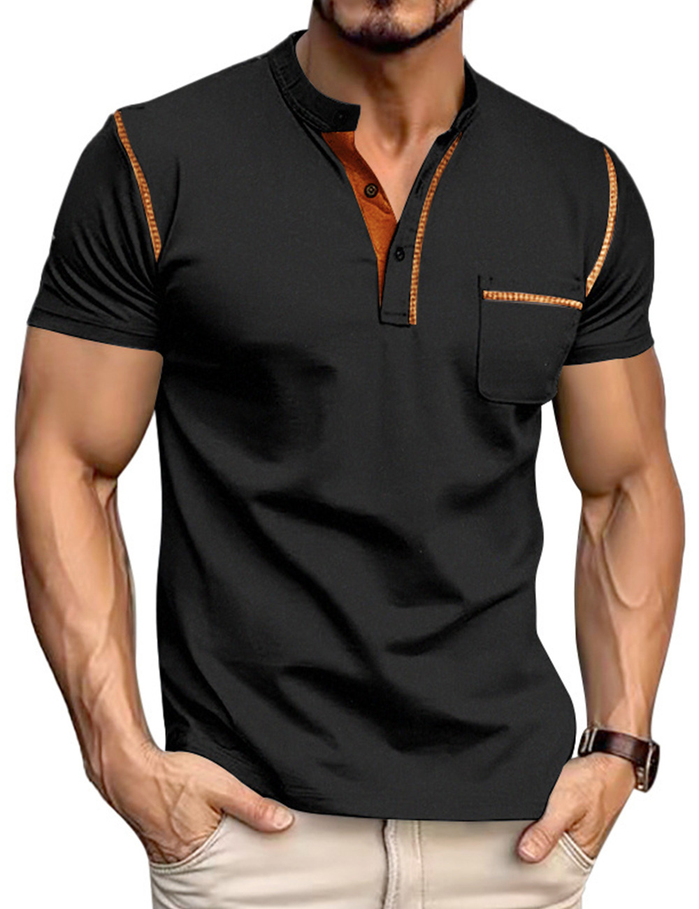 Men's Clothing Tops T-Shirts Men's Henley Collar Small Twill Short-Sleeved Quick-Dry Breathable Loose Casual American Style Slightly Elastic T-Shirt