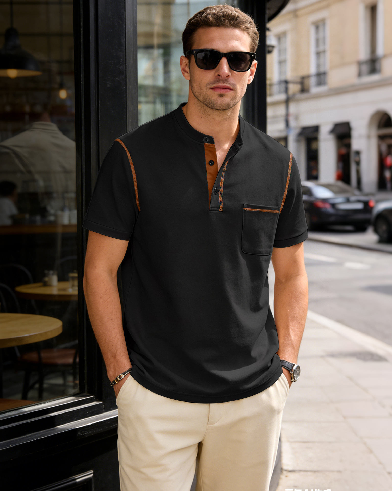 Men's Clothing Tops T-Shirts Men's Henley Collar Small Twill Short-Sleeved Quick-Dry Breathable Loose Casual American Style Slightly Elastic T-Shirt
