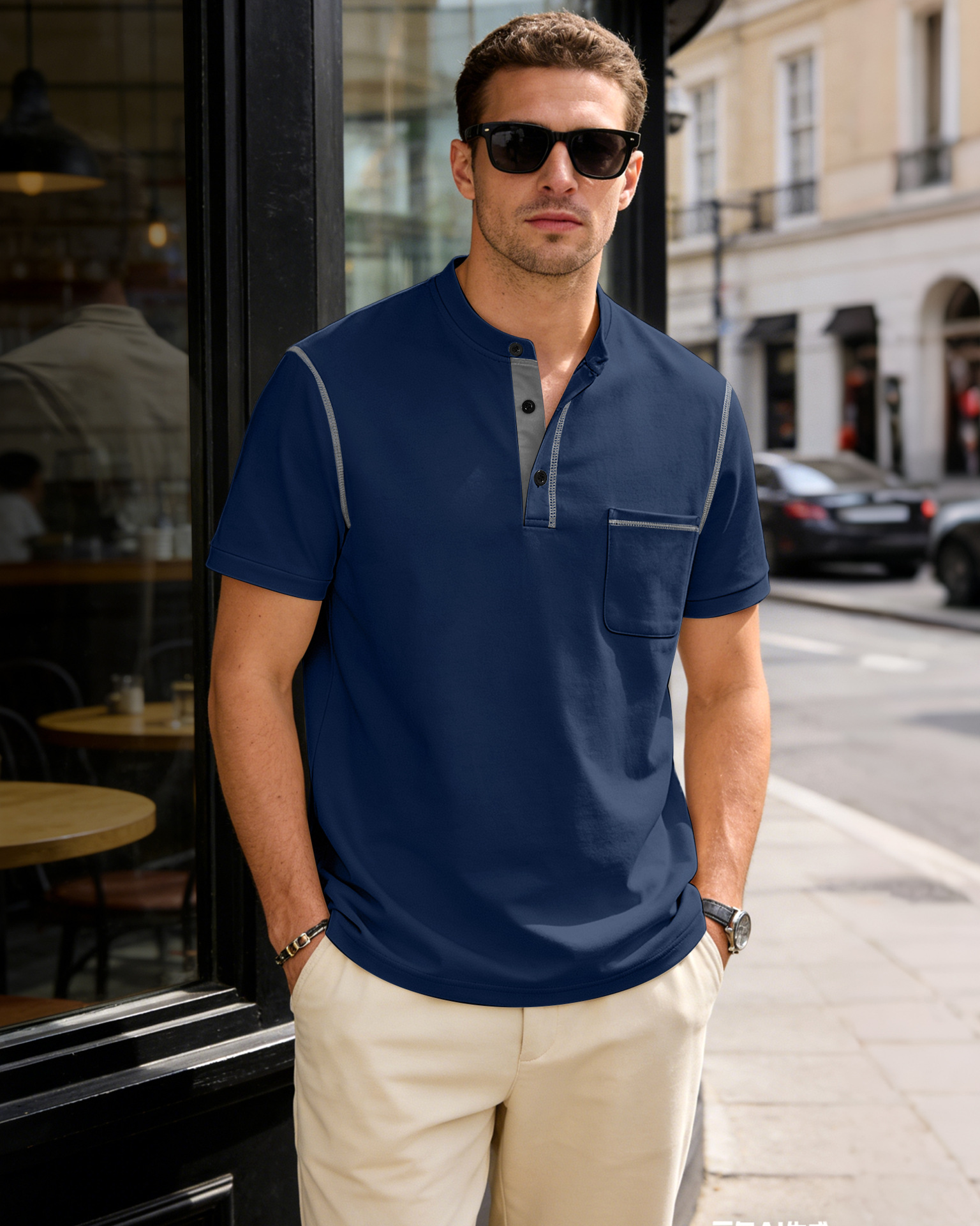 Men's Clothing Tops T-Shirts Men's Henley Collar Small Twill Short-Sleeved Quick-Dry Breathable Loose Casual American Style Slightly Elastic T-Shirt