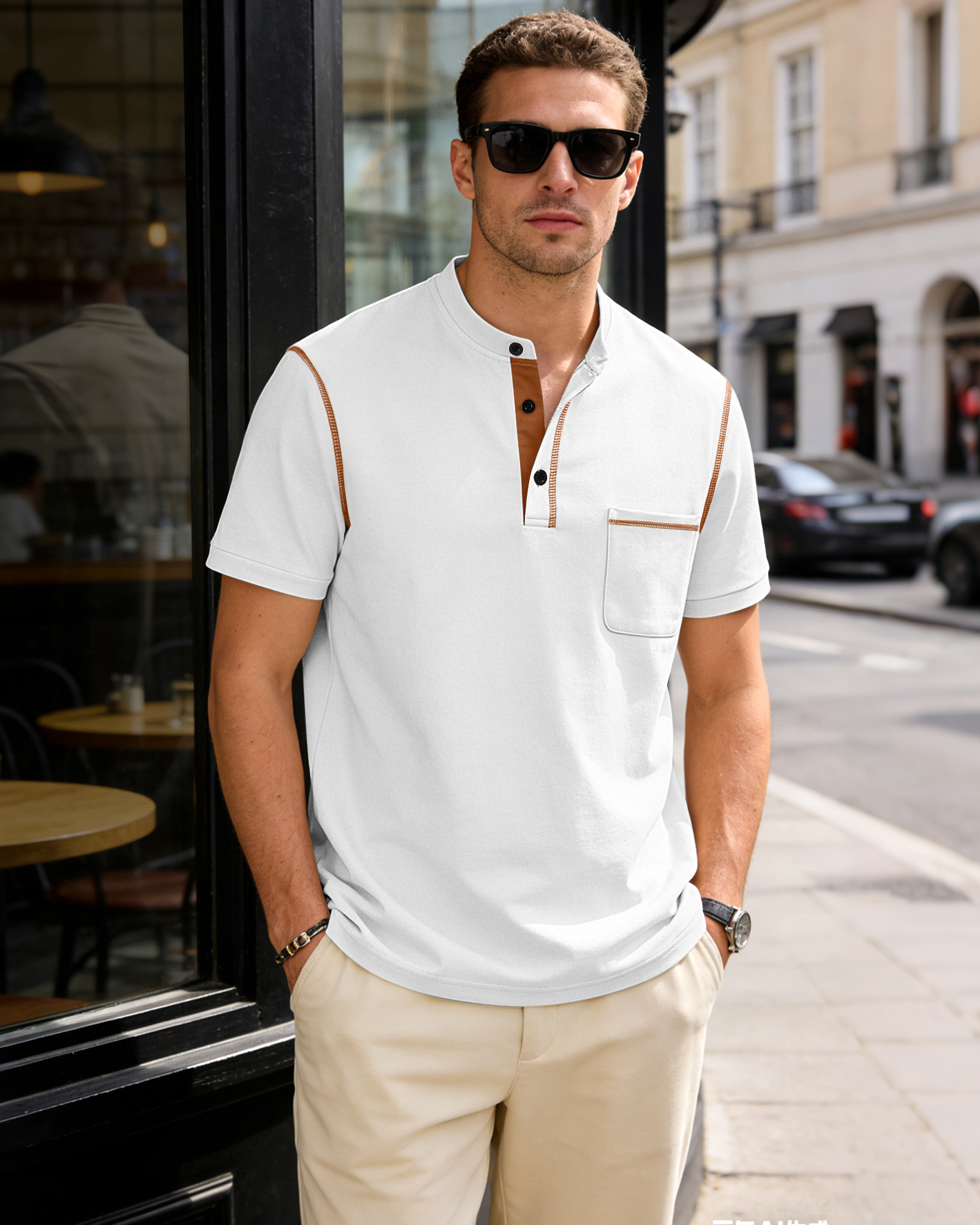 Men's Clothing Tops T-Shirts Men's Henley Collar Small Twill Short-Sleeved Quick-Dry Breathable Loose Casual American Style Slightly Elastic T-Shirt