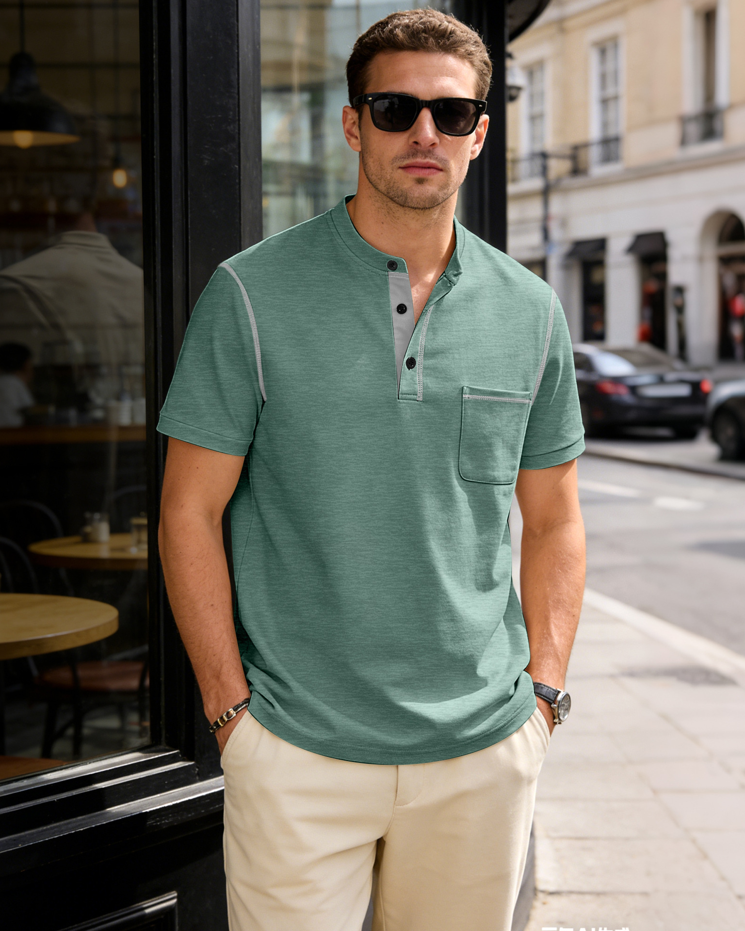 Men's Clothing Tops T-Shirts Men's Henley Collar Small Twill Short-Sleeved Quick-Dry Breathable Loose Casual American Style Slightly Elastic T-Shirt