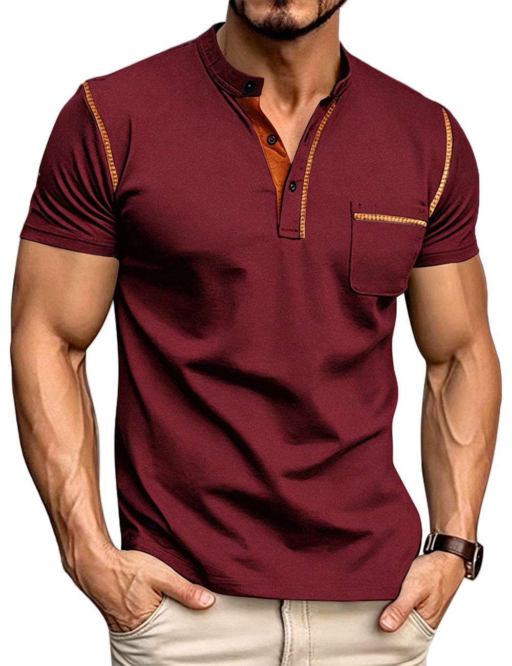 Men's Clothing Tops T-Shirts Men's Henley Collar Small Twill Short-Sleeved Quick-Dry Breathable Loose Casual American Style Slightly Elastic T-Shirt