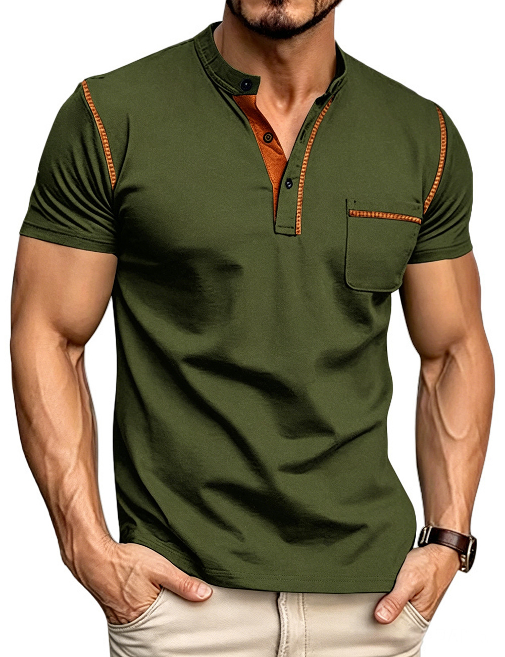 Men's Clothing Tops T-Shirts Men's Henley Collar Small Twill Short-Sleeved Quick-Dry Breathable Loose Casual American Style Slightly Elastic T-Shirt