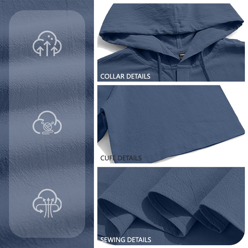 Men's Clothing Tops Sweatshirts Hoodies Men's Linen Short-Sleeved Beach Casual Hooded Shirt Short-Sleeved Solid-Colored Shirt T-Shirt