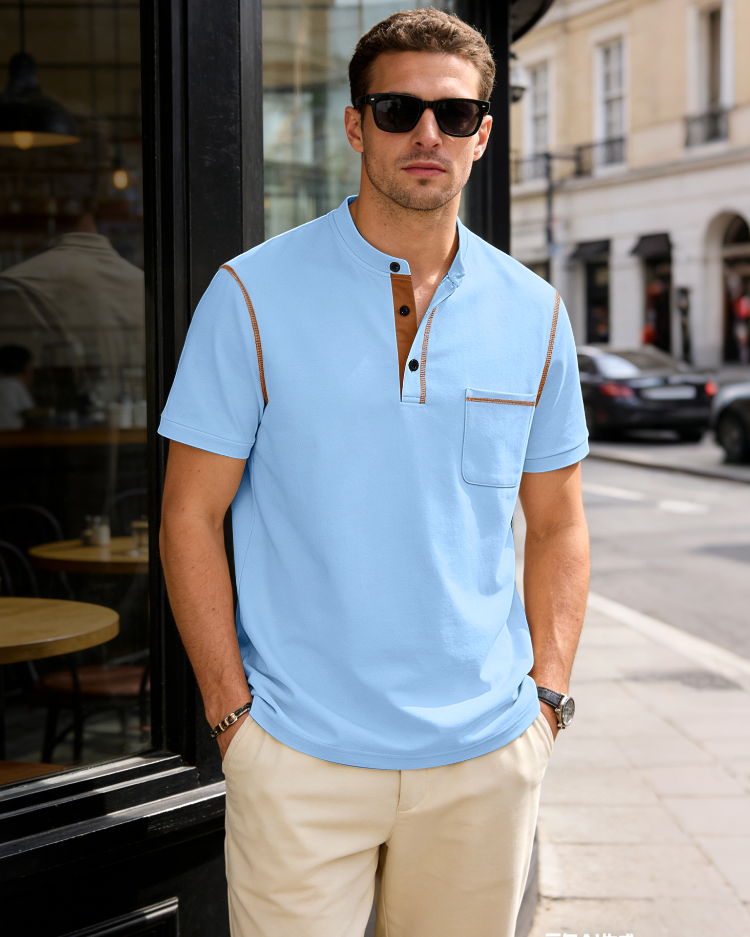 Men's Clothing Tops T-Shirts Men's Henley Collar Small Twill Short-Sleeved Quick-Dry Breathable Loose Casual American Style Slightly Elastic T-Shirt