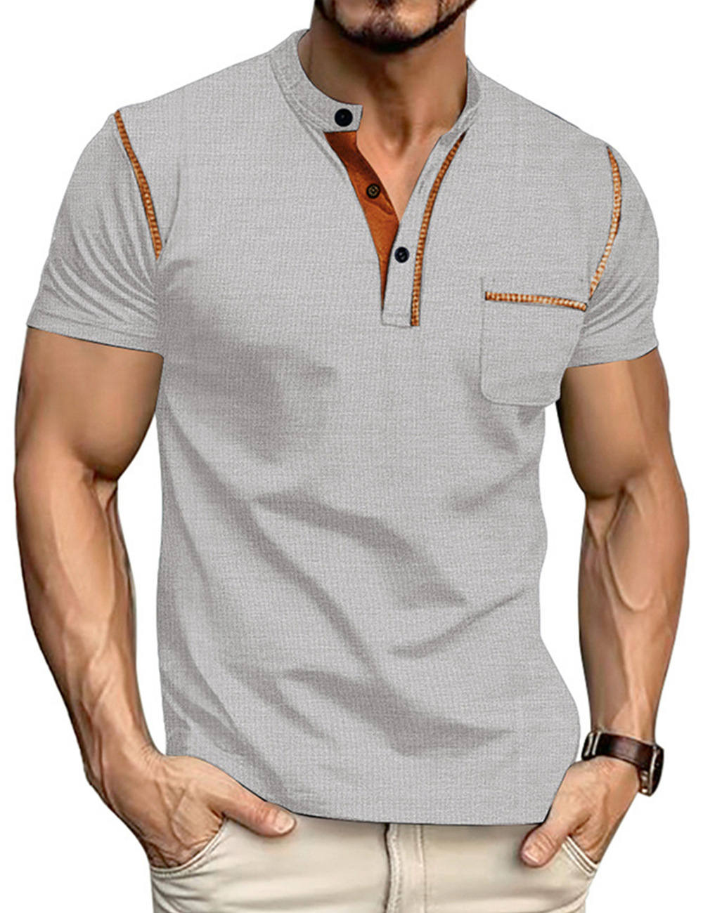 Men's Clothing Tops T-Shirts Men's Henley Collar Small Twill Short-Sleeved Quick-Dry Breathable Loose Casual American Style Slightly Elastic T-Shirt