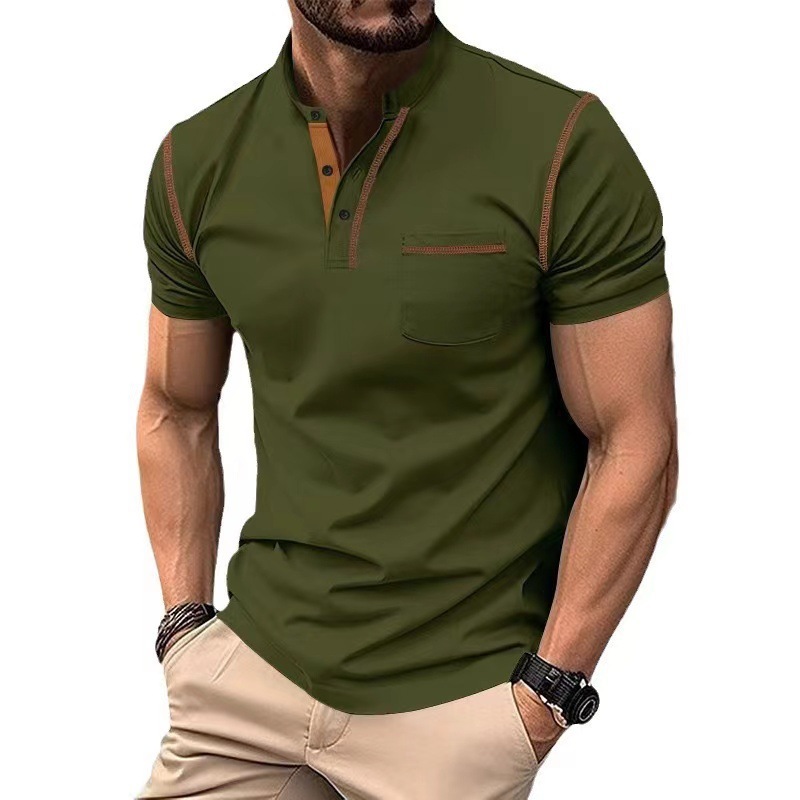 Men's Clothing Tops T-Shirts Men's Henley Collar Small Twill Short-Sleeved Quick-Dry Breathable Loose Casual American Style Slightly Elastic T-Shirt
