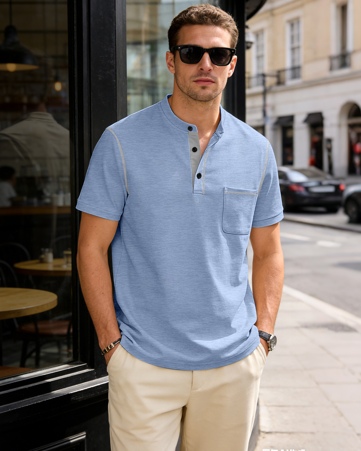 Men's Clothing Tops T-Shirts Men's Henley Collar Small Twill Short-Sleeved Quick-Dry Breathable Loose Casual American Style Slightly Elastic T-Shirt