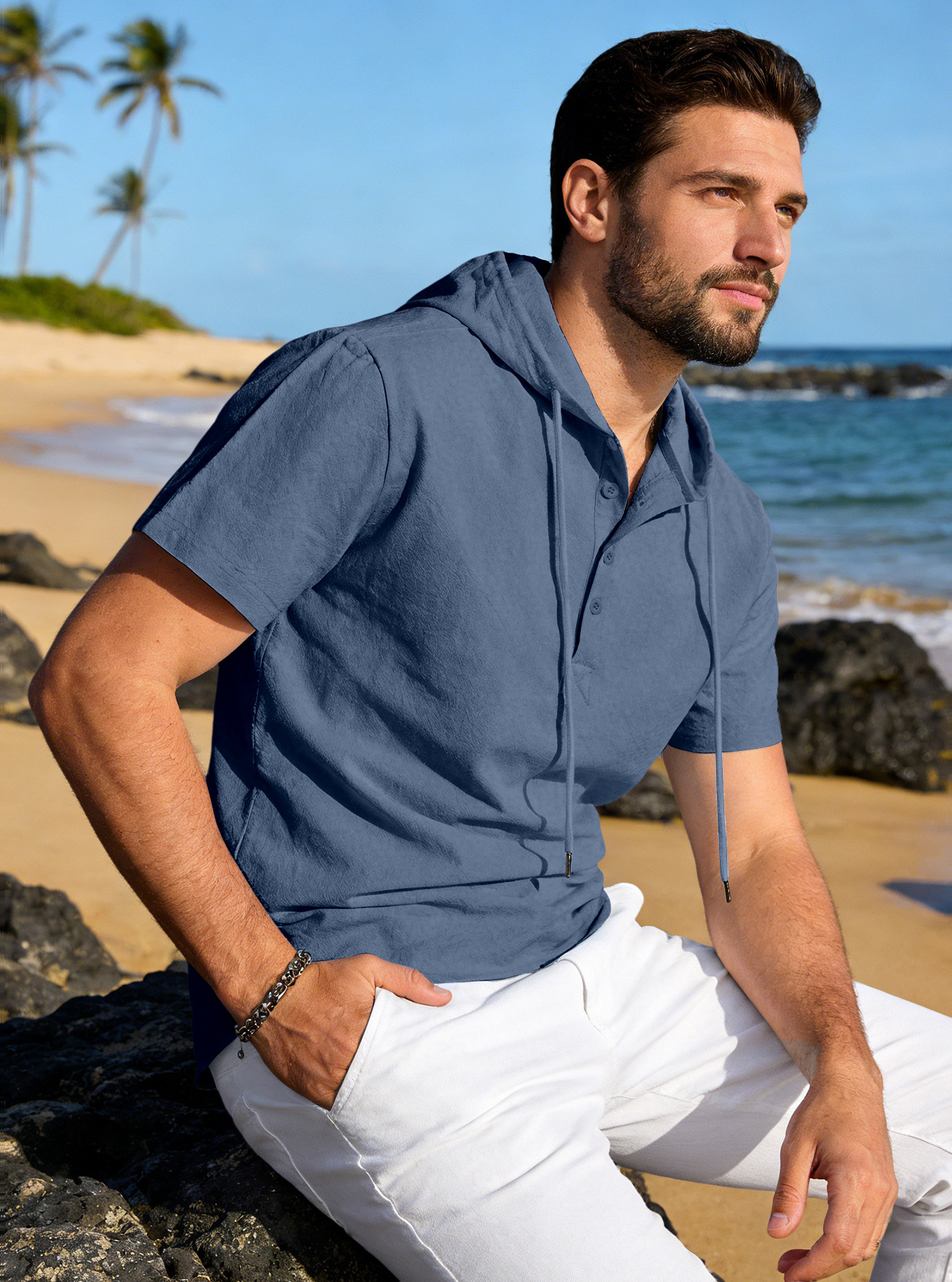 Men's Clothing Tops Sweatshirts Hoodies Men's Linen Short-Sleeved Beach Casual Hooded Shirt Short-Sleeved Solid-Colored Shirt T-Shirt