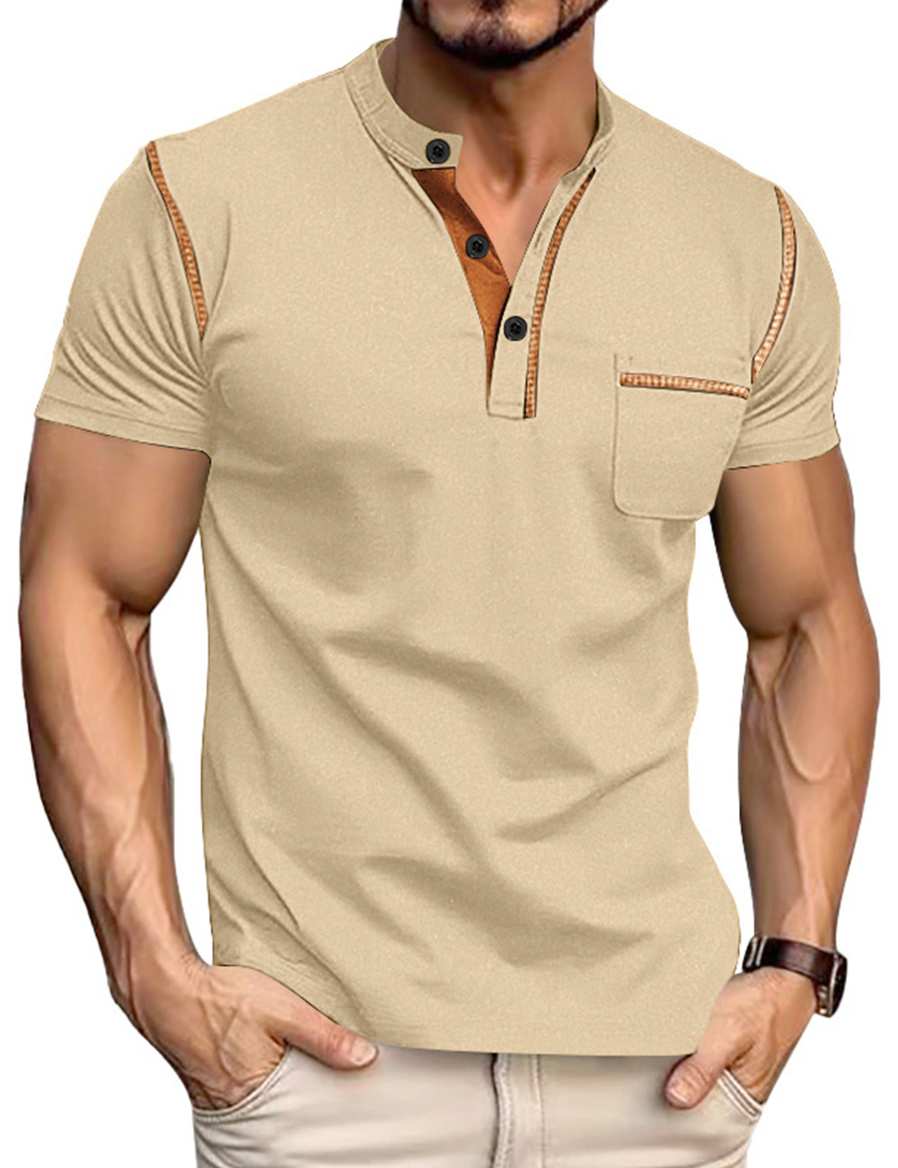 Men's Clothing Tops T-Shirts Men's Henley Collar Small Twill Short-Sleeved Quick-Dry Breathable Loose Casual American Style Slightly Elastic T-Shirt