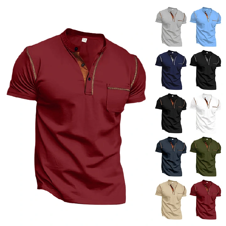 Men's Clothing Tops T-Shirts Men's Henley Collar Small Twill Short-Sleeved Quick-Dry Breathable Loose Casual American Style Slightly Elastic T-Shirt