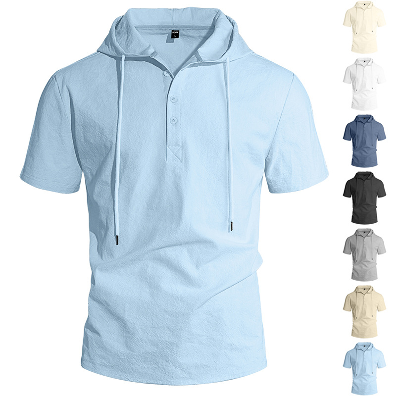 Men's Clothing Tops Sweatshirts Hoodies Men's Linen Short-Sleeved Beach Casual Hooded Shirt Short-Sleeved Solid-Colored Shirt T-Shirt