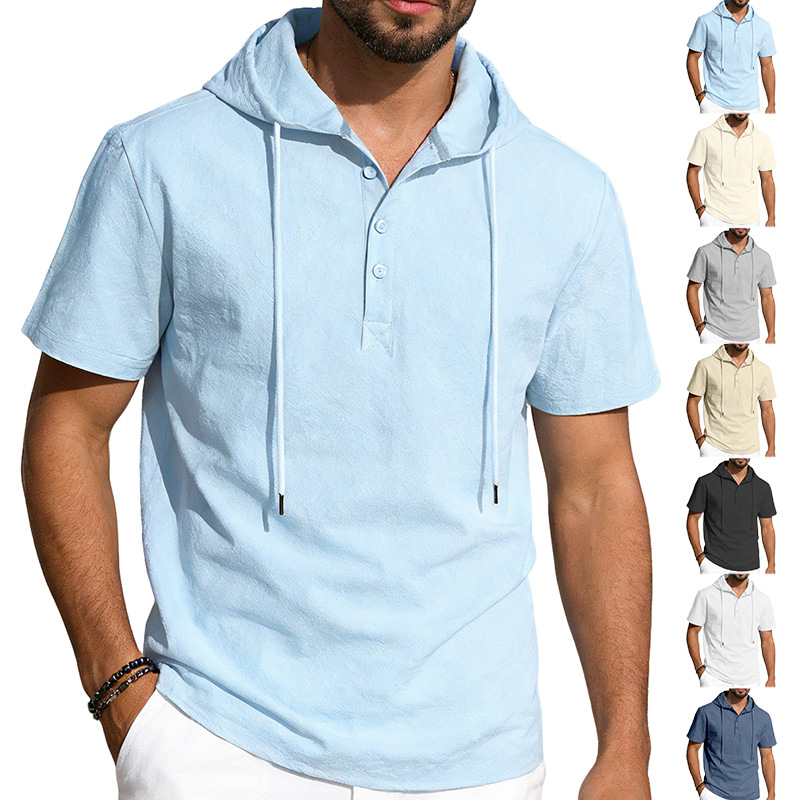 Men's Clothing Tops Sweatshirts Hoodies Men's Linen Short-Sleeved Beach Casual Hooded Shirt Short-Sleeved Solid-Colored Shirt T-Shirt