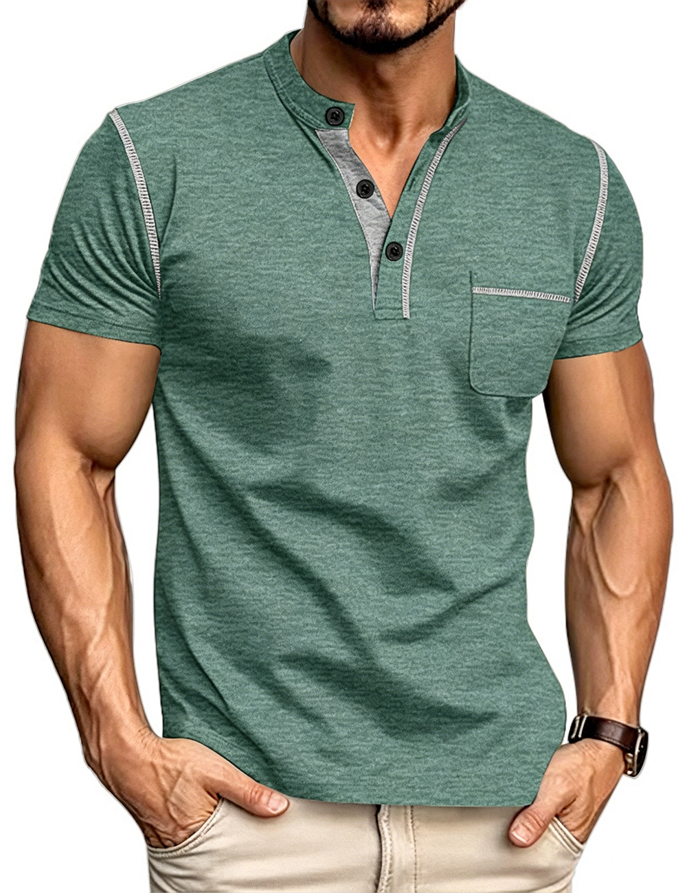 Men's Clothing Tops T-Shirts Men's Henley Collar Small Twill Short-Sleeved Quick-Dry Breathable Loose Casual American Style Slightly Elastic T-Shirt