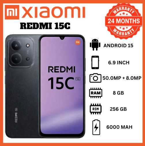 [New Arrival] Xiaomi Redmi 15C 8GB+256GB 6.9" 120Hz IPS LCD Display 50MP Camera 6000mAh Battery 33W Hyper-Charge Gorilla Glass 3 Dual SIM IP64 MTK Helio G81 Ultra Android Smartphone