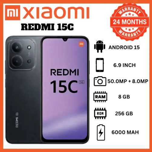[New Arrival] Xiaomi Redmi 15C 8GB+256GB 6.9" 120Hz IPS LCD Display 50MP Camera 6000mAh Battery 33W Hyper-Charge Gorilla Glass 3 Dual SIM IP64 MTK Helio G81 Ultra Android Smartphone