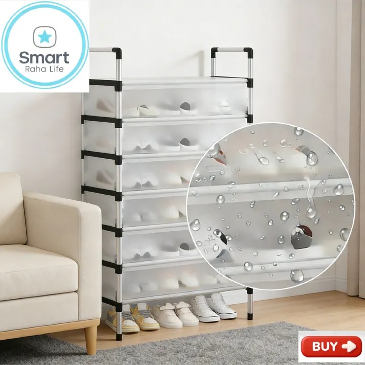 7-Layer Portable Shoe Rack with Dustproof Cover – Strong Metal Frame, Space Saving Shoe Organizer