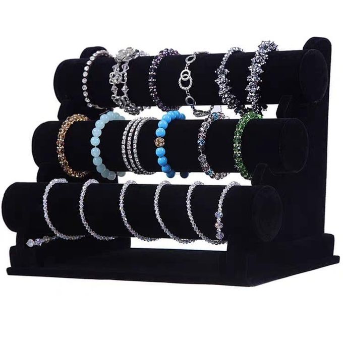 3-Tier Velvet Jewelry Display Stand - Black Bracelet & Watch Organizer