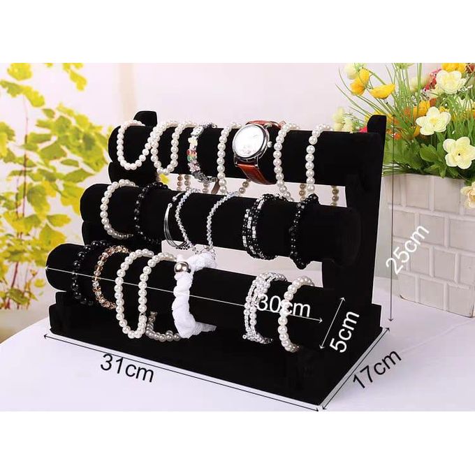3-Tier Velvet Jewelry Display Stand - Black Bracelet & Watch Organizer